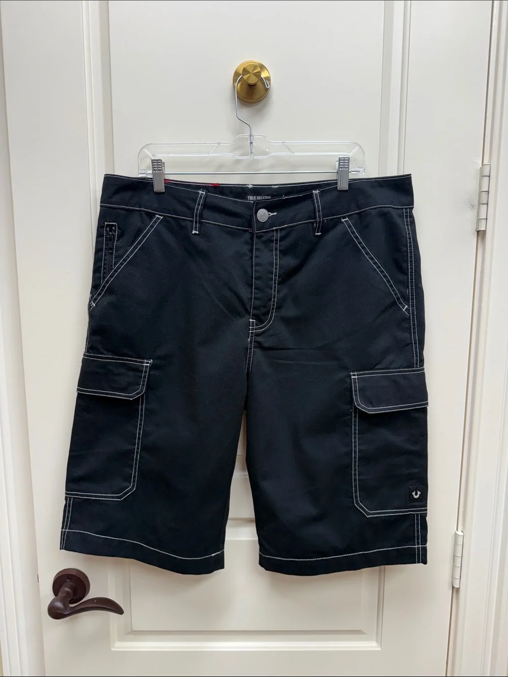 True Religion Black Cargo Shorts with White Contrast Stitching